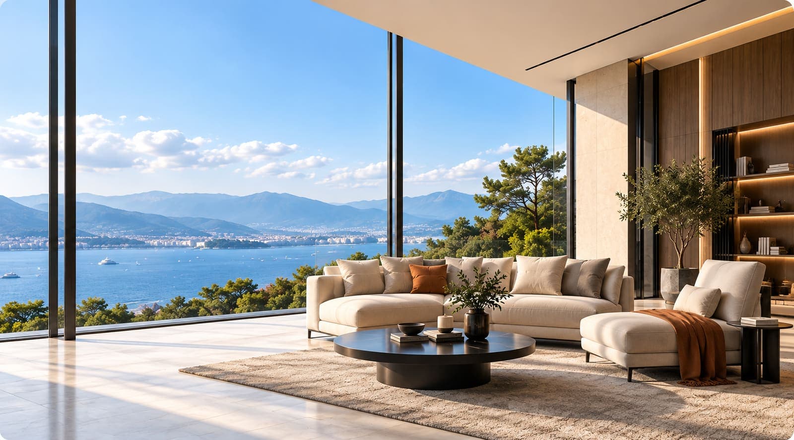 A modern living room with floor-to-ceiling windows looking out over a bay and mountains